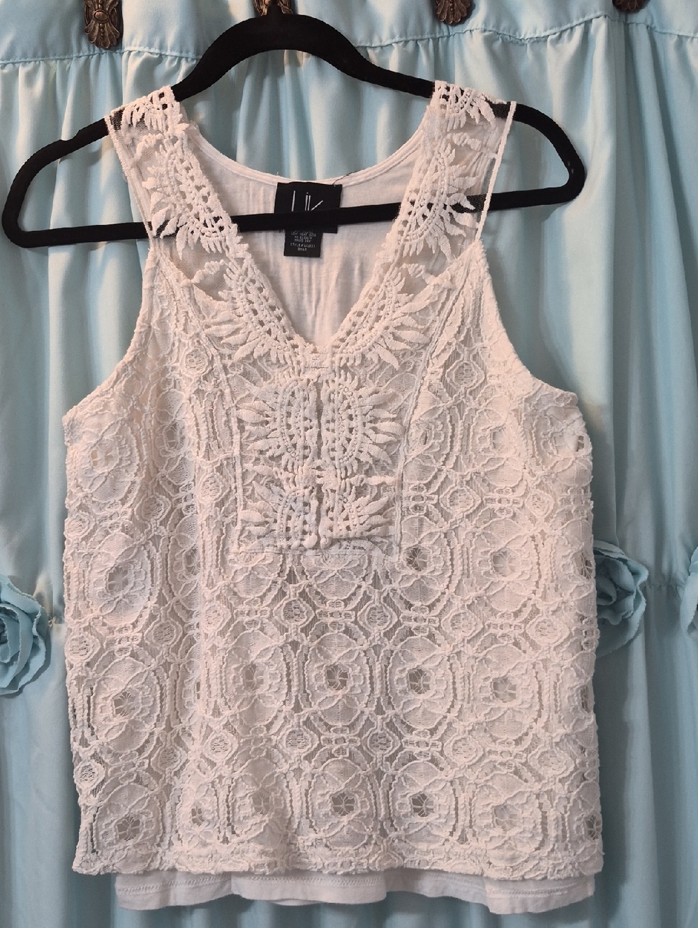LIV Los Angeles White  crochet Lace Tank Semi Sheer Strap Top  Sz S